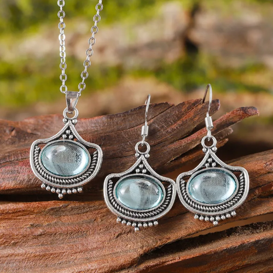 Antique-Look Jewelry Set with Oval Sky Blue Stones