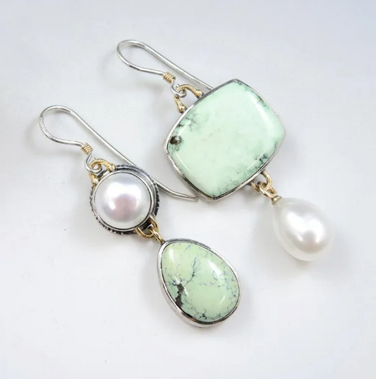Asymmetrical Turquoise and Pearl Gemstone Earrings