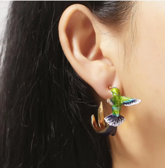 Elegant Hand-Painted Colorful Hummingbird Hoop Earrings