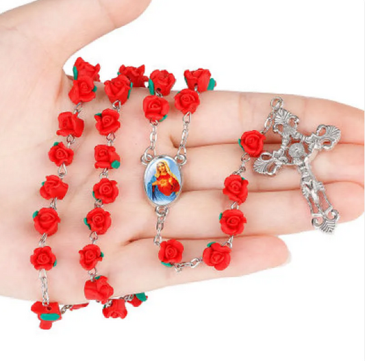Rosary Necklace with Rose Beads and Sacred Medallion
