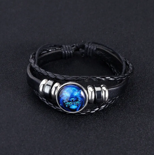 Leather bracelet with sparkling zodiac signs and zinc alloy details
