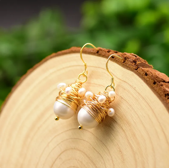 Freshwater Pearl Dangle Earrings with Clever Wire-Wrap Design
