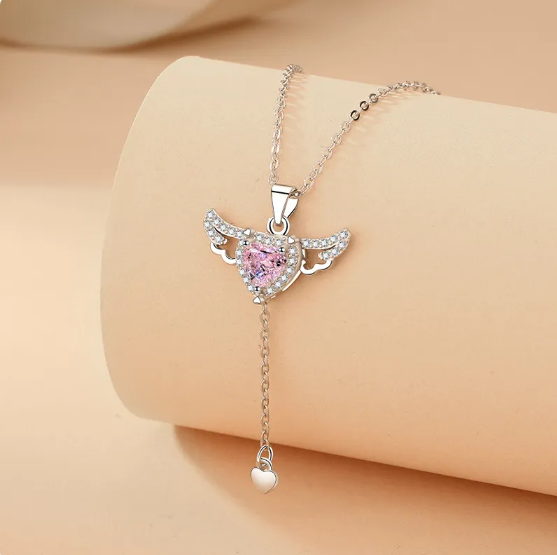 Angel Wing Heart Pendant with Cubic Zirconia and Delicate Heart Y-Chain