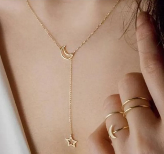 Delicate Y-Necklace with Moon and Star Pendant