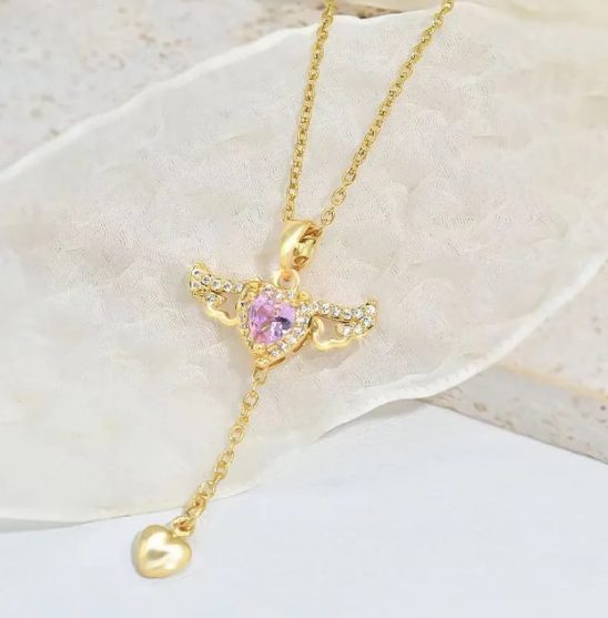 Angel Wing Heart Pendant with Cubic Zirconia and Delicate Heart Y-Chain