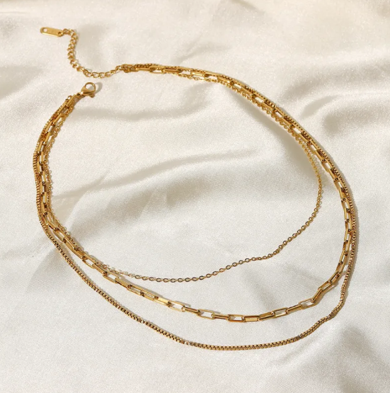 Triple-Layer Stainless Steel Necklace with Varied Chain Links