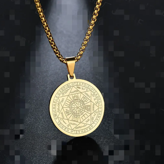 Elegant Men's Necklace with Angels and Amulet Medallion in Three Colors