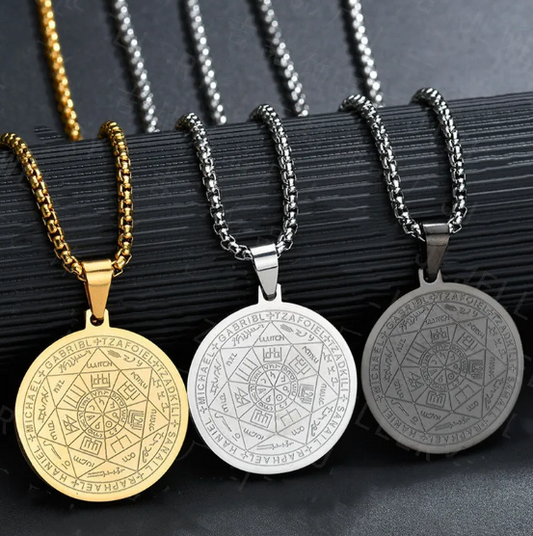 Elegant Men's Necklace with Angels and Amulet Medallion in Three Colors
