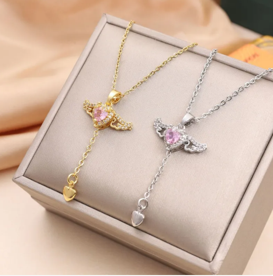 Angel Wing Heart Pendant with Cubic Zirconia and Delicate Heart Y-Chain