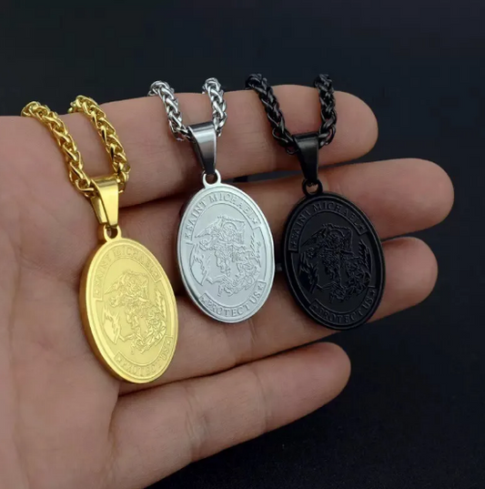 Stainless Steel Necklace Set with Oval St. Michael Archangel Pendant