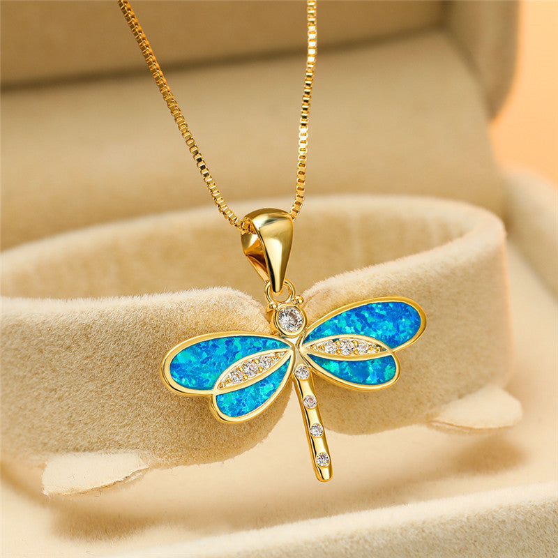 Shiny Dragonfly Necklace with Sparkling Opal and Cubic Zirconia