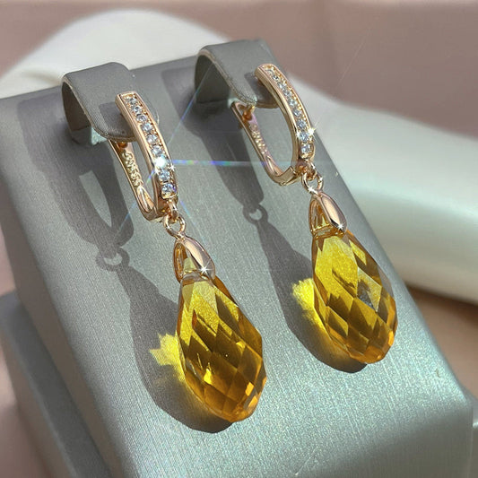 Elegant Zirconia Earrings with Faceted Yellow Crystal Drops