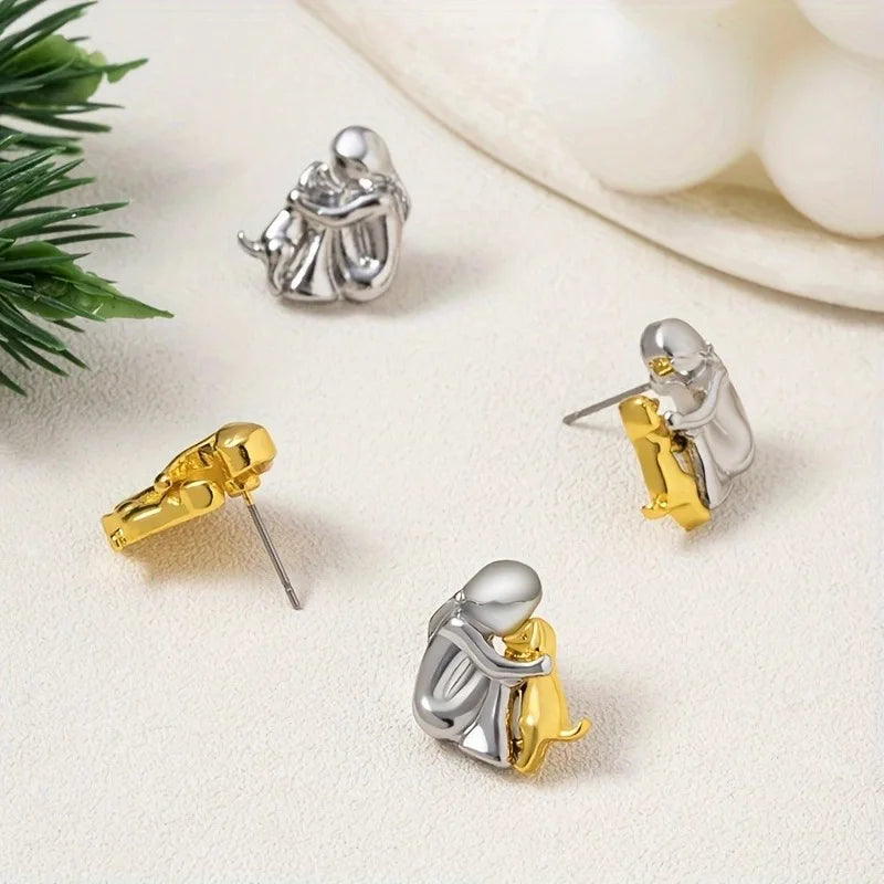 Two-Tone Hug Earrings: Cute Human Hugging Dog Earrings