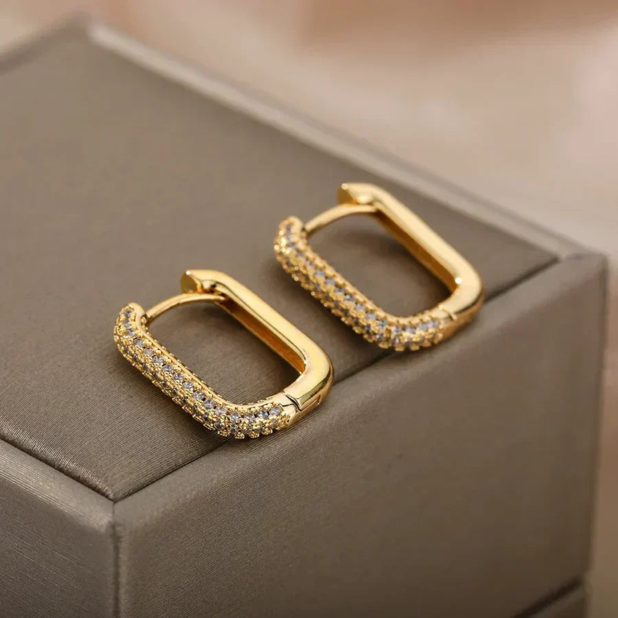 Stylish rectangular hoop earrings with sparkling cubic zirconia stones for an elegant look