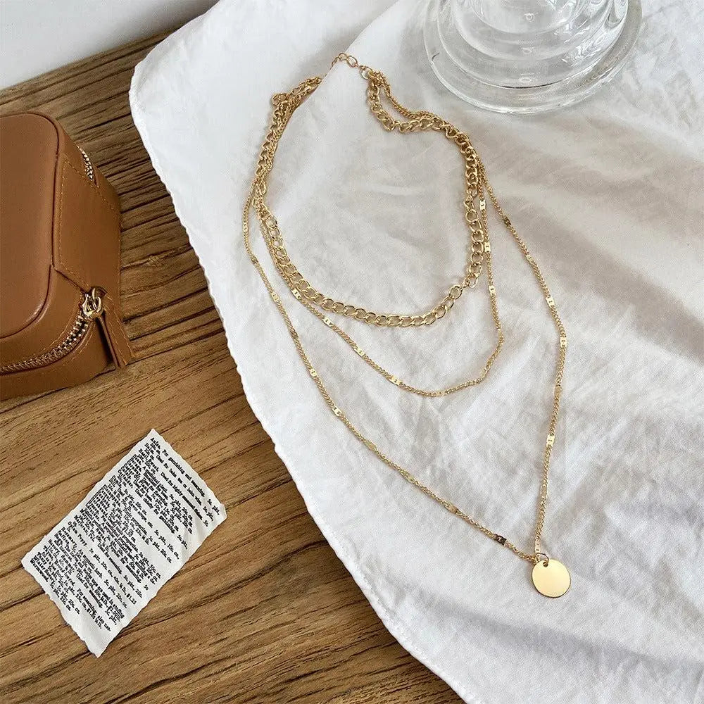 Multi-Layer Necklace with Boho-Style Disc Pendant