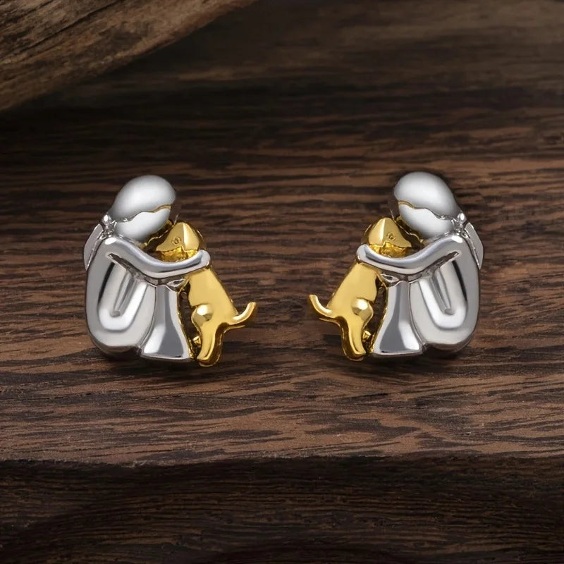 Two-Tone Hug Earrings: Cute Human Hugging Dog Earrings