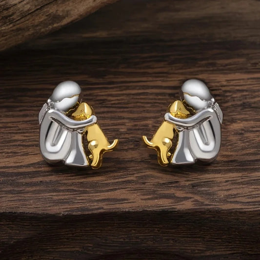 Two-Tone Hug Earrings: Cute Human Hugging Dog Earrings