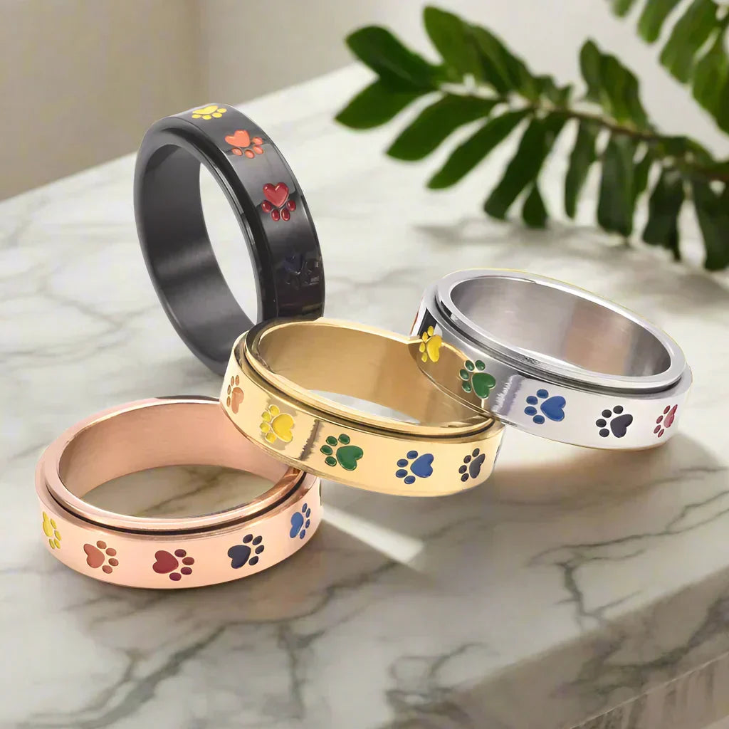 Stress-Relief Spinner Ring - Stainless Steel with Rainbow Paw Print
