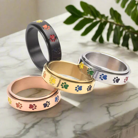 Stress-Relief Spinner Ring - Stainless Steel with Rainbow Paw Print