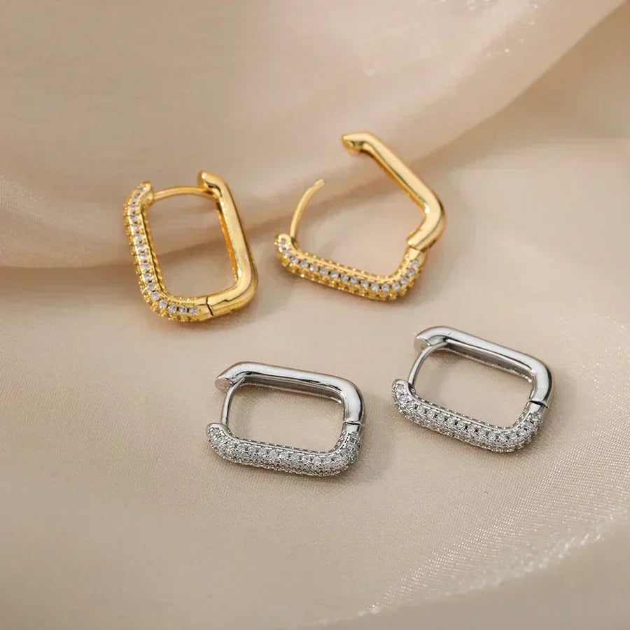 Stylish rectangular hoop earrings with sparkling cubic zirconia stones for an elegant look