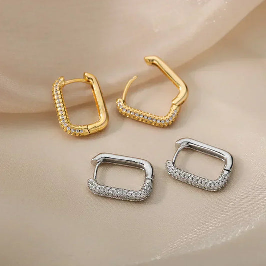 Stylish rectangular hoop earrings with sparkling cubic zirconia stones for an elegant look