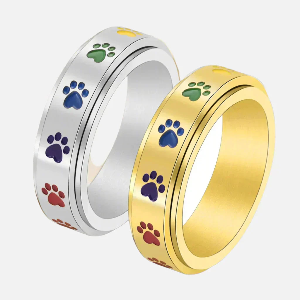 Stress-Relief Spinner Ring - Stainless Steel with Rainbow Paw Print