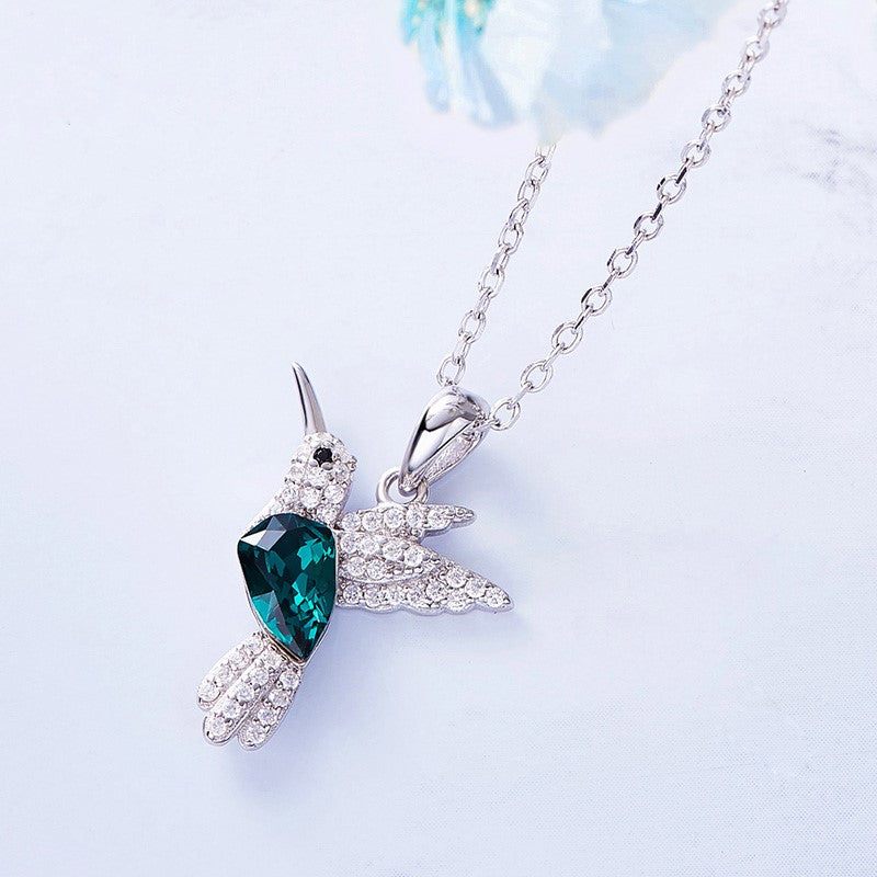 Sparkling Hummingbird Necklace with Blue Crystal and Cubic Zirconia