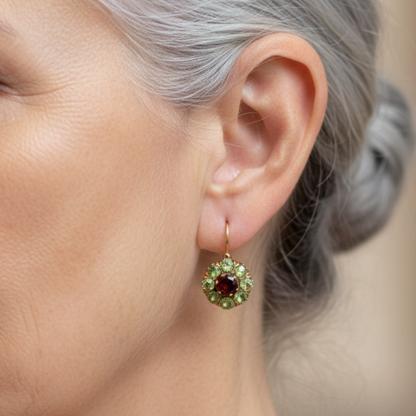 Vintage Garnet and Round Peridot Cluster Dangle Earrings