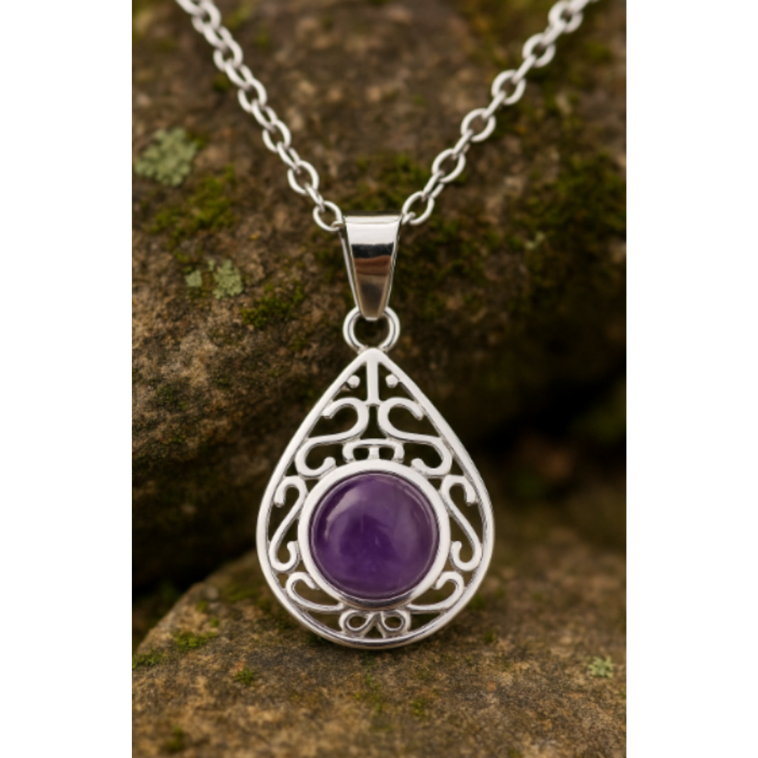 Amethyst Teardrop Necklace with Delicate Filigree