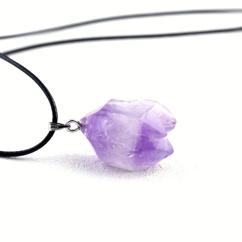 Raw Natural Amethyst Crystal Pendant Necklace with Leather Cord