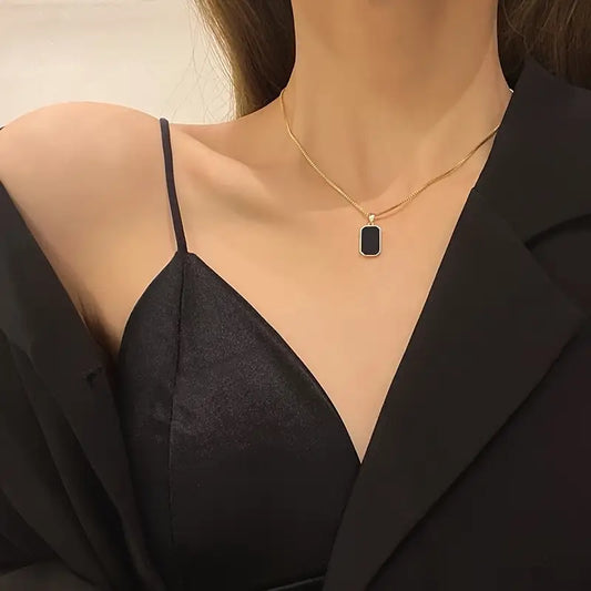 Elegant Necklace with Black Rectangular Pendant, Titanium Steel Chain