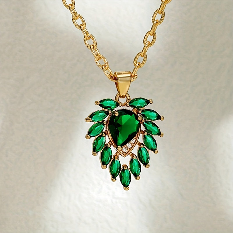 Elegant Emerald Green Teardrop Necklace with Cubic Zirconia Details