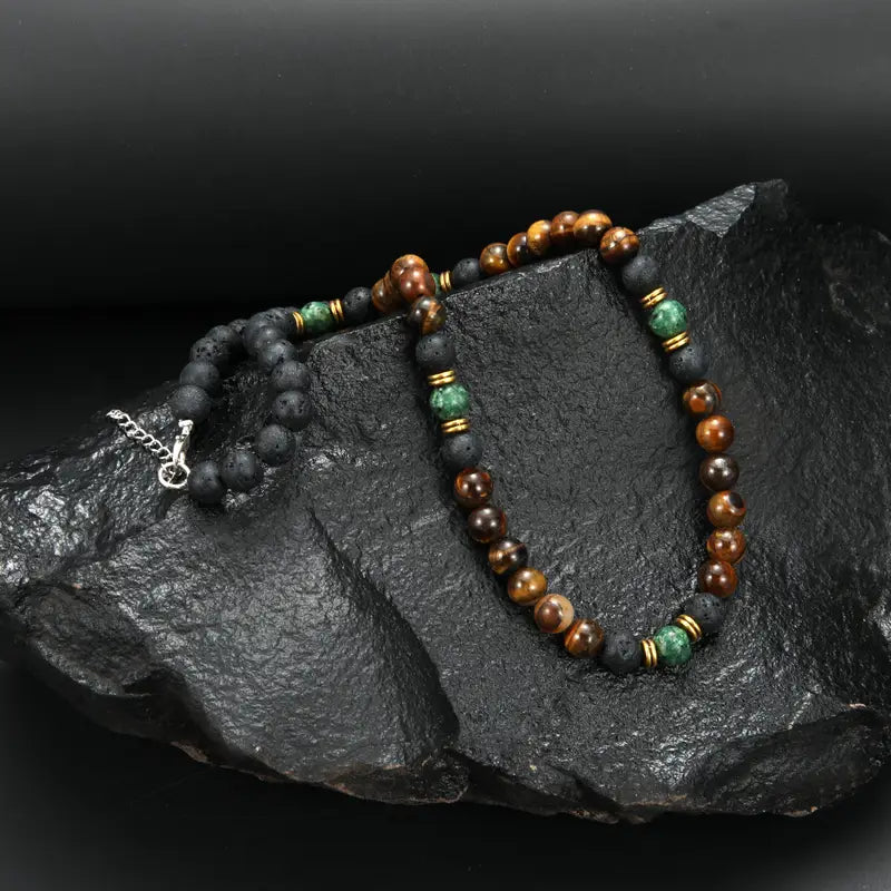Men's Tiger's Eye and Lava Stone Necklace with Green Beads