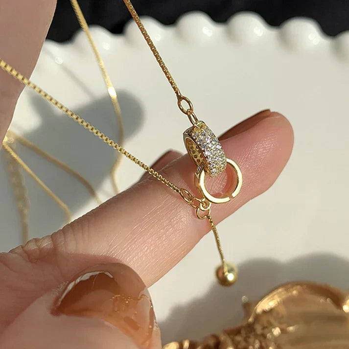 Sparkling Double Ring Necklace with Cubic Zirconia, Elegantly Adjustable