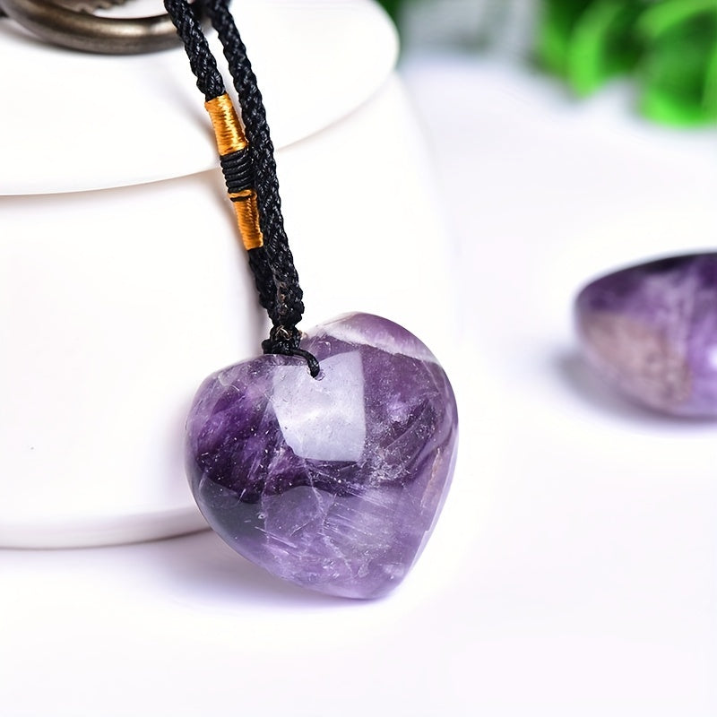 Natural Amethyst Heart Necklace with Adjustable Cord and Gemstone Pendant