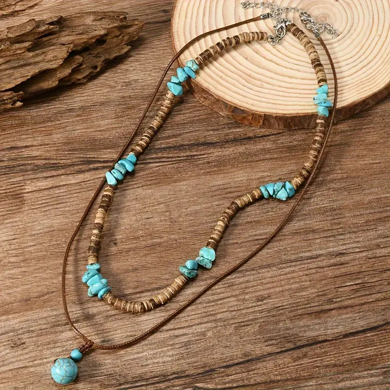 Men's Necklace with Coconut Beads, Turquoise, and Tiger's Eye Stone