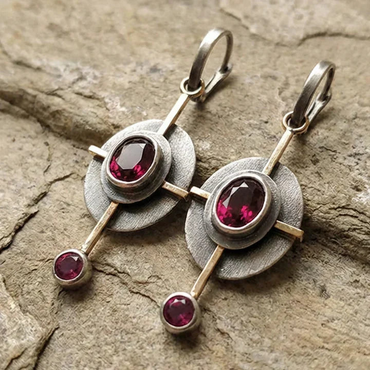 Handmade Boho Earrings with Oval and Round Garnet Stones