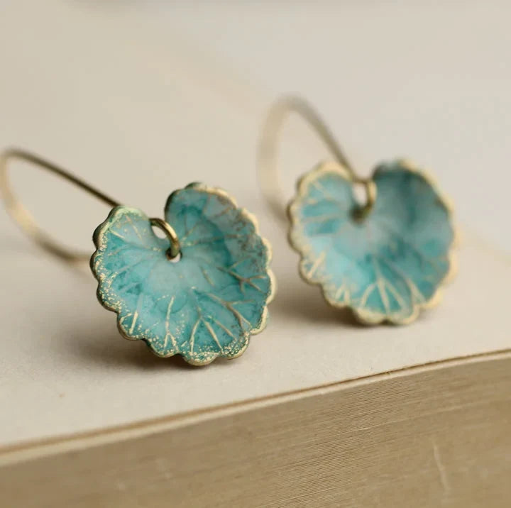 Vintage blue lotus leaf earrings with delicate details