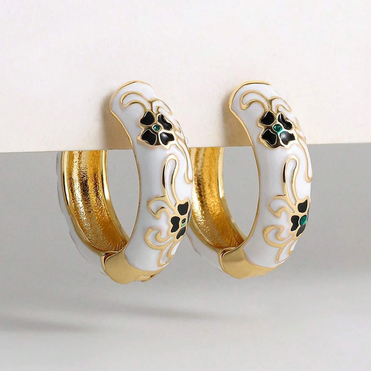Elegant White Hoop Earrings with Floral Print and Green Details