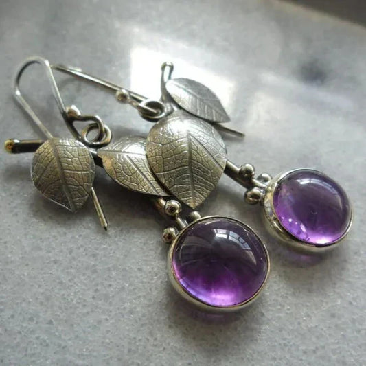 Amethyst Earrings with Leaf Motif and Vintage Purple Crystal