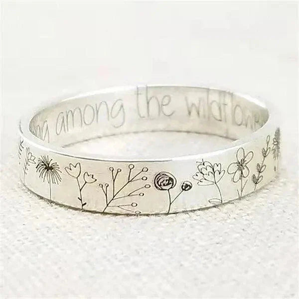 Stainless Steel Ring with Floral Engraving and Inspirational Message