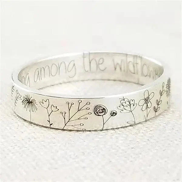 Stainless Steel Ring with Floral Engraving and Inspirational Message