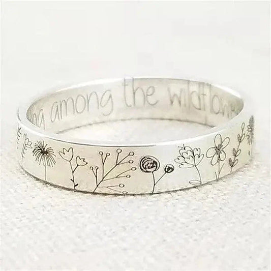 Stainless Steel Ring with Floral Engraving and Inspirational Message