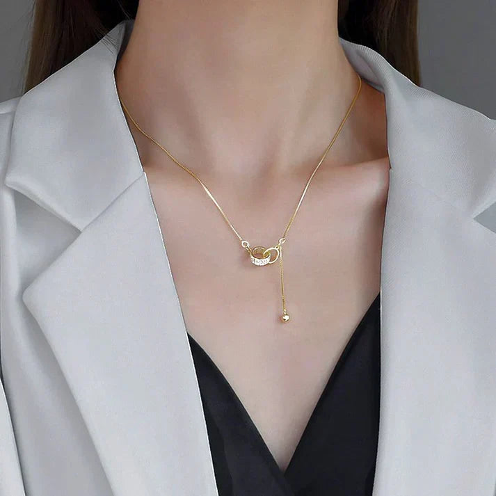 Sparkling Double Ring Necklace with Cubic Zirconia, Elegantly Adjustable