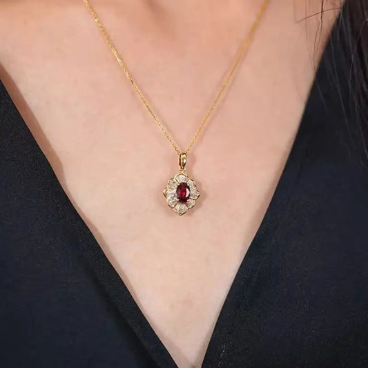 Vintage Necklace with Deep Red Gemstone and Sparkling Cubic Zirconia