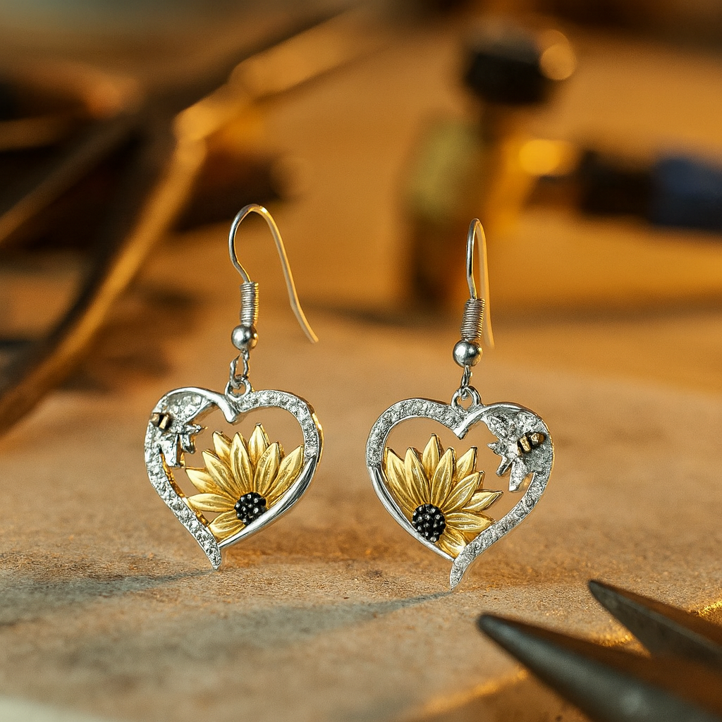 Boho Sunflower Bee Heart Earrings with Sparkling Cubic Zirconia