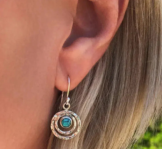Boho Turquoise Earrings with Concentric Circles and Hammered Texture