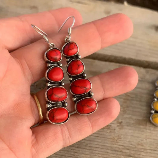 Boho Earrings with Natural Gemstones in Turquoise, Red, and Black