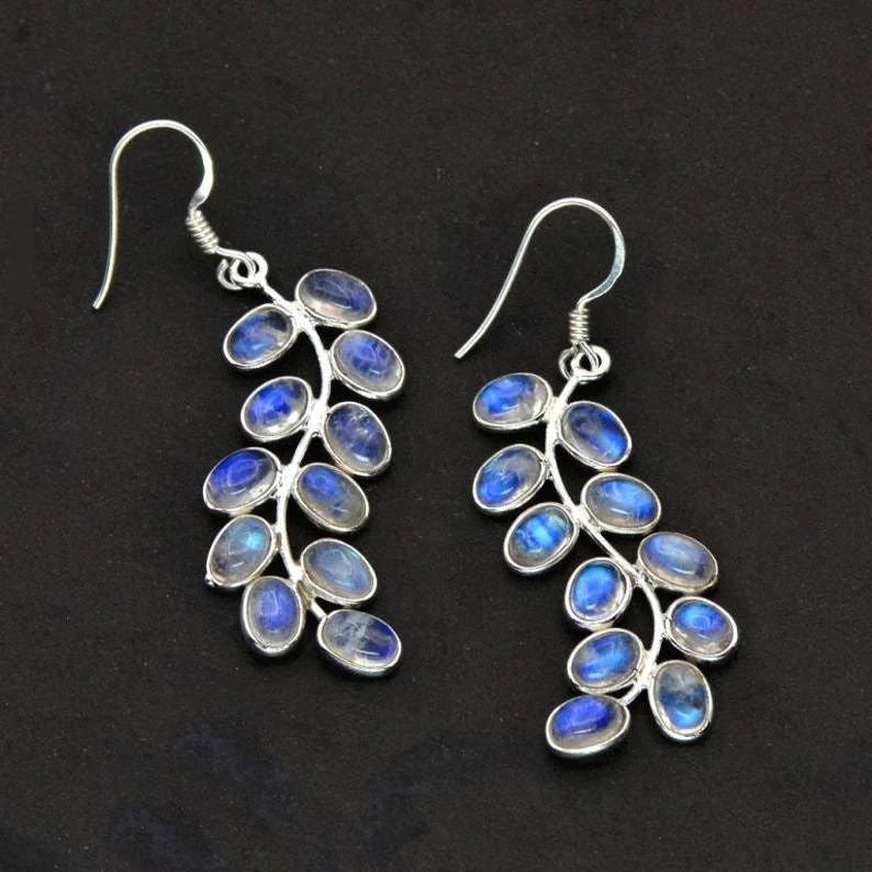 Vintage-Style Blue Moonstone Leaf Dangle Earrings