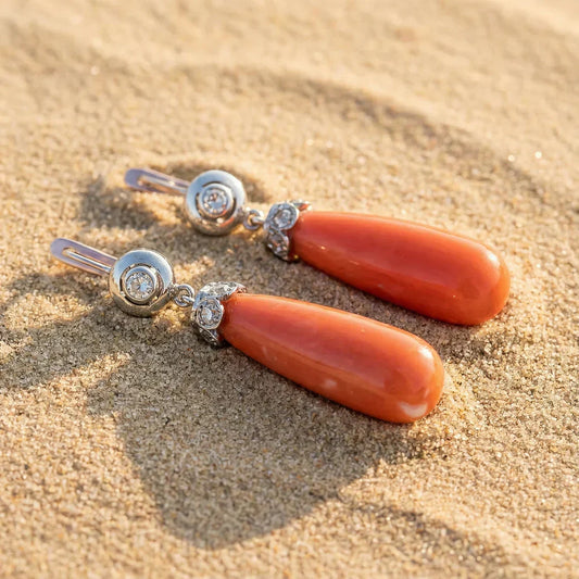 Elegant Coral Earrings with Diamonds in Vintage Art Deco Style